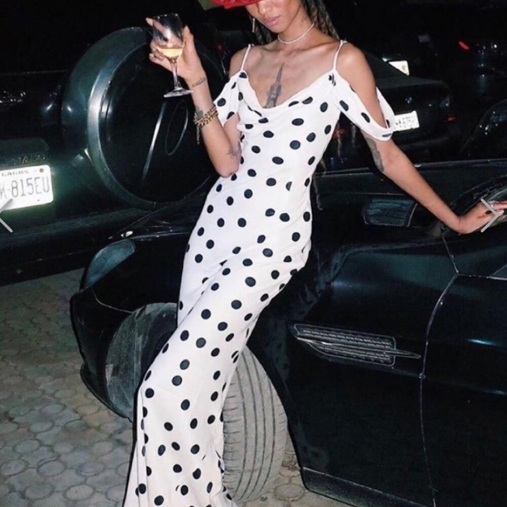 Sleek Cowl Neck Polka Dot Dress w/ Draped Sleeves - Rat & Boa Antonia Dress